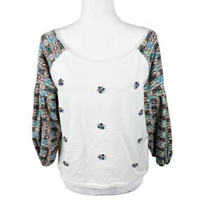 Anthropologie LAIA Blouse Women Small Ivory Green Raglan Puff Sleeve Embellished